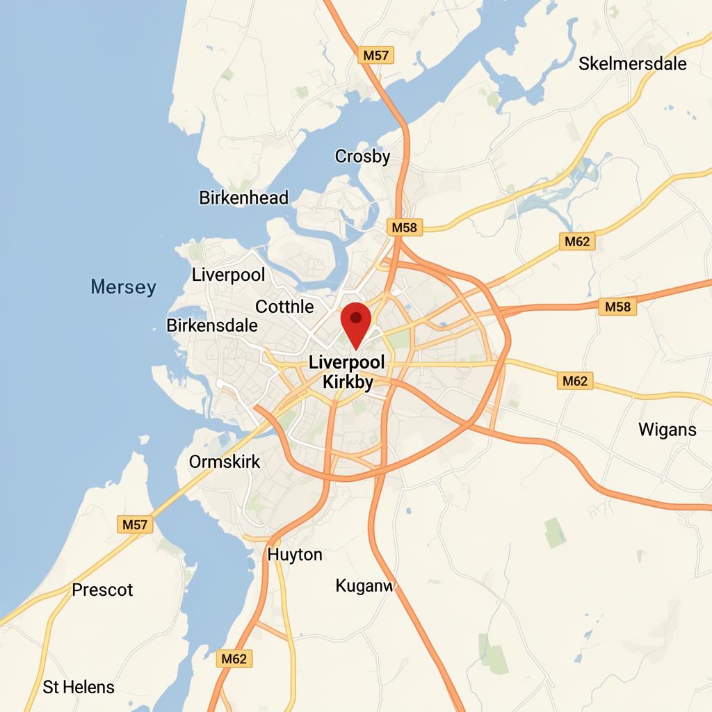 Map showing location near Kirkby and Liverpool